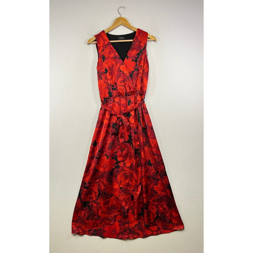 Romantic Floral Tahari ASL Womens M Red Satin V-Neck Faux Wrap Maxi Dress Belted